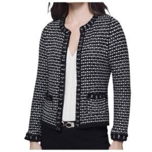 NWT WHBM embellished sweater jacket black white knit rhinestone trim size XS